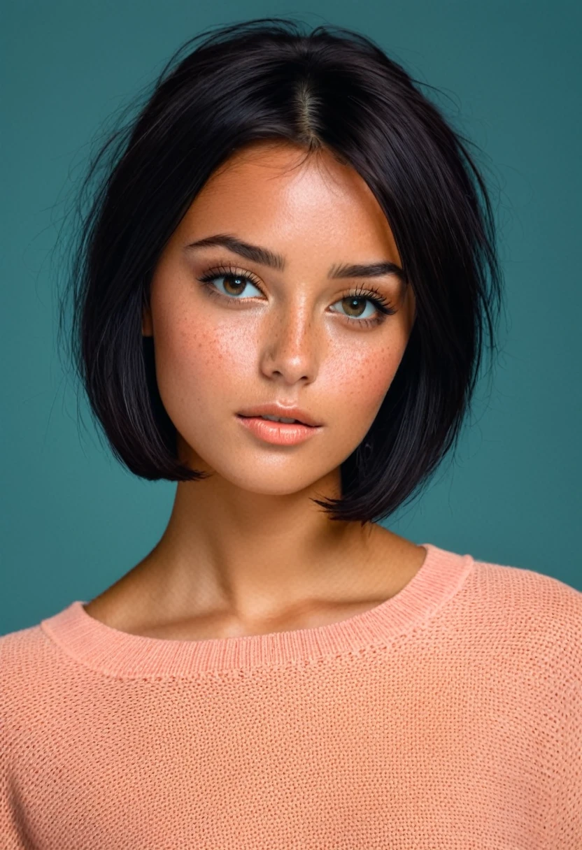 presents a young individual with very tanned skin and dark hair cut just below the chin. lots of makeup. Your eyes are light in color, and they have prominent freckles on their cheeks and nose. The individual is looking directly at the viewer, displaying a neutral to subtly thoughtful expression, with the head slightly tilted. They are wearing what appears to be a dark sweater or blouse... The background is solid, in warm tones, coral color that contrasts with the subject'dark hair and pale skin, bringing focus to your face and expression.