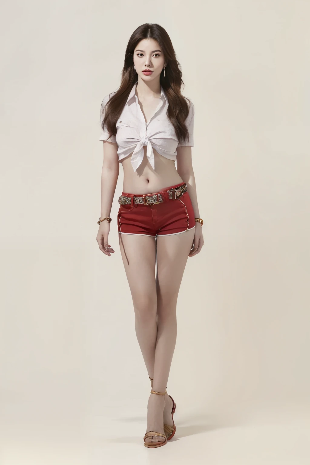 ((beauty eyebrows:1.4,beauty eyes:1.4,head out of frame:1.4,lower body:1.4,covering crotch:1.4,(((hand between legs:1.4))))),(((((full body:1.4,standing:1.4,looking at downside:1.4)),((red micro shorts:1.4,)),calf:1.4,ankle:1.4,high angle:1.4,knees together feet apart:1.4,sexy:1.4,beauty face:1.2,belt:1.4,1girl:1.4,large breast:1.4,Connie:1.4,long hair:1.2,tied shirt:1.2,earrings:1.2, navel:1.2))),((simple background:1.4)),(photo realist: 1.4), (hiper realist: 1.4), (realist: 1.3), (smoother lighting: 1.05), (Improve the quality of movie lighting: 0.9), 32K(increase the beauty of skin texture: 1.4, better quality, (beauty), (masterpiece:1.4), (Physically based rendering:1.4), (ultra high resolution:1.4), (best quality:1.4)
