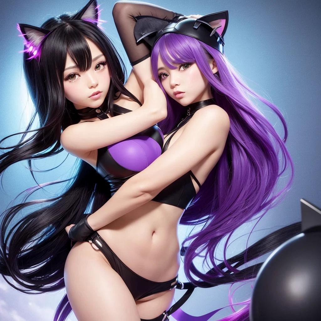 Generate an image from a ,with cat ears,black wavy hair,sharp eyes more purple in color,generate a tuber png image with other expressions in chibi format