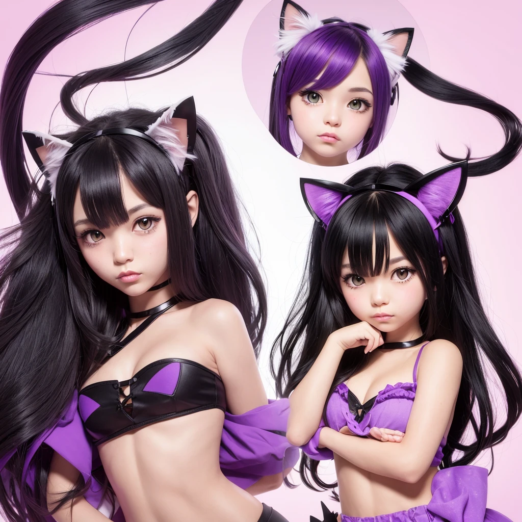 Generate an image from a ,with cat ears,black wavy hair,sharp eyes more purple in color,generate a tuber png image with other expressions in chibi format