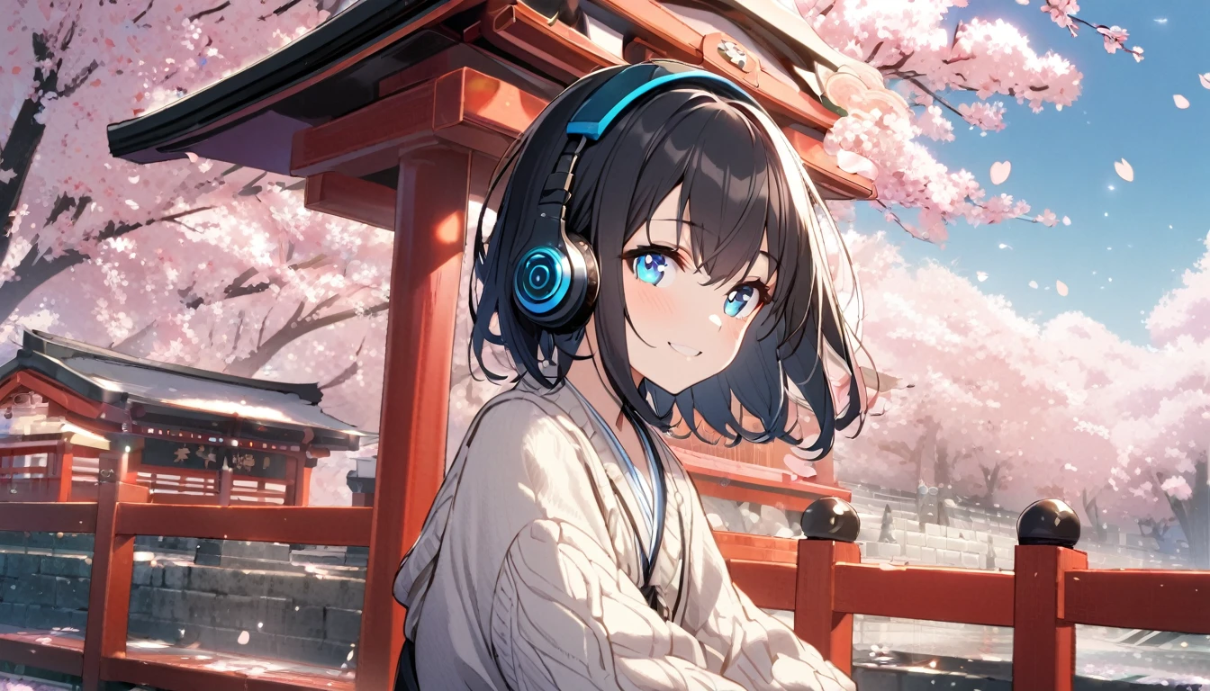 1girl, solo, gentle smile on her face flat chest, short hair, black hair, blue eyes, (detailed eyes), wearing a sweater, black skirt, medium hair, headphone, because, teen, Japanese high school girl. She is sitting at the shrine,cherry blossoms,Cherry blossoms