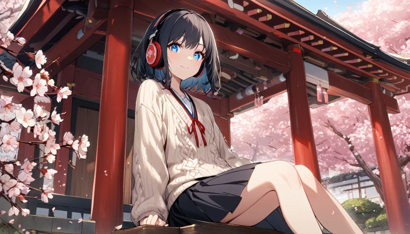 1girl, solo, gentle smile on her face flat chest, short hair, black hair, blue eyes, (detailed eyes), wearing a sweater, black skirt, medium hair, headphone, because, , Japanese high school girl. She is sitting at the shrine,cherry blossoms,Cherry blossoms