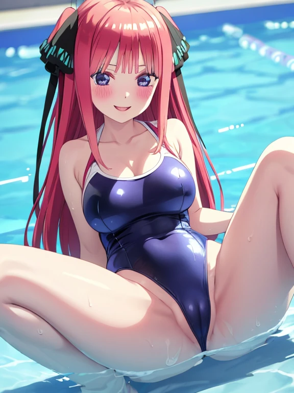 best quality, insanely detailed, nino nakano, swimsuit, breasts, blush, swimming pool background, smile, spread legs, pussy,highleg leotard