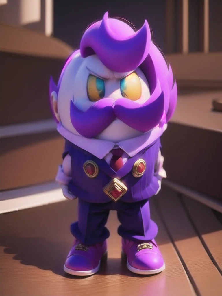  haltmann, purple hair, purple mustache, arms, wearing a dark blue suit with pink vertical lining, pink shirt, red tie, black shoes, gold suit button with a red diamond, pale purple gloves, pink cuffs, pale purple skin, blue eyes, golden earpiece with antenna