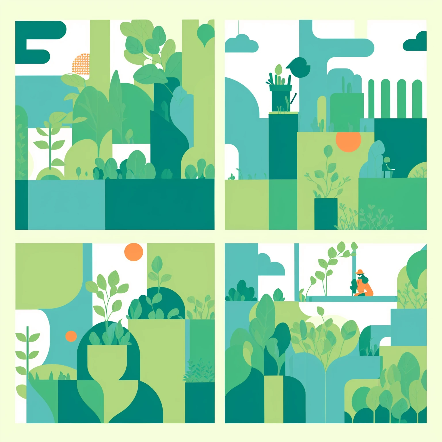 a series of four illustrations of people working in a garden, simple and clean illustration, Permaculture, vector illustration, flat illustration, simple illustration, commercial illustration, infographic with illustrations, whole page illustration, stylised illustration, full page illustration, illustration!, illustrations, portfolio illustration, editorial illustration, Sustainability, Vector Design, Flat 2D vector art, illustration detailed