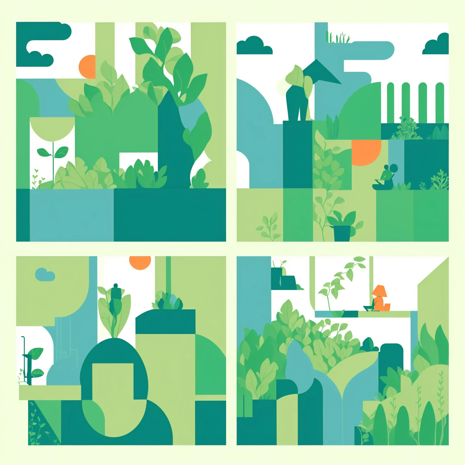 a series of four illustrations of people working in a garden, simple and clean illustration, Permaculture, vector illustration, flat illustration, simple illustration, commercial illustration, infographic with illustrations, whole page illustration, stylised illustration, full page illustration, illustration!, illustrations, portfolio illustration, editorial illustration, Sustainability, Vector Design, Flat 2D vector art, illustration detailed