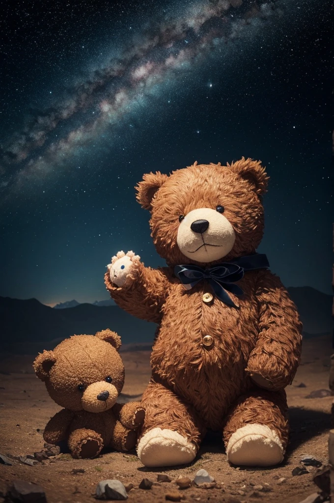 (very realistic)( rich in detail) realistic universe with stars and a wandering teddy bear