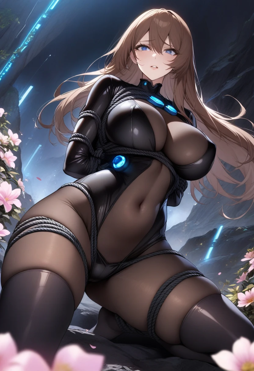 masterpiece, best quality, very aesthetic, absurdres, 1girl, mature_lady,(roped_body,bound by ropes:1.3) ,shimohira_reika(gantz), 1girl, blue_eyes, breasts, large_breasts, brown_hair, long_hair, gantz_suit, black_bodysuit, bracelet, covered_navel, thighhighs_over_bodysuit, lights,in the mountain,surrounding by flowers,falling_petals, petals,,