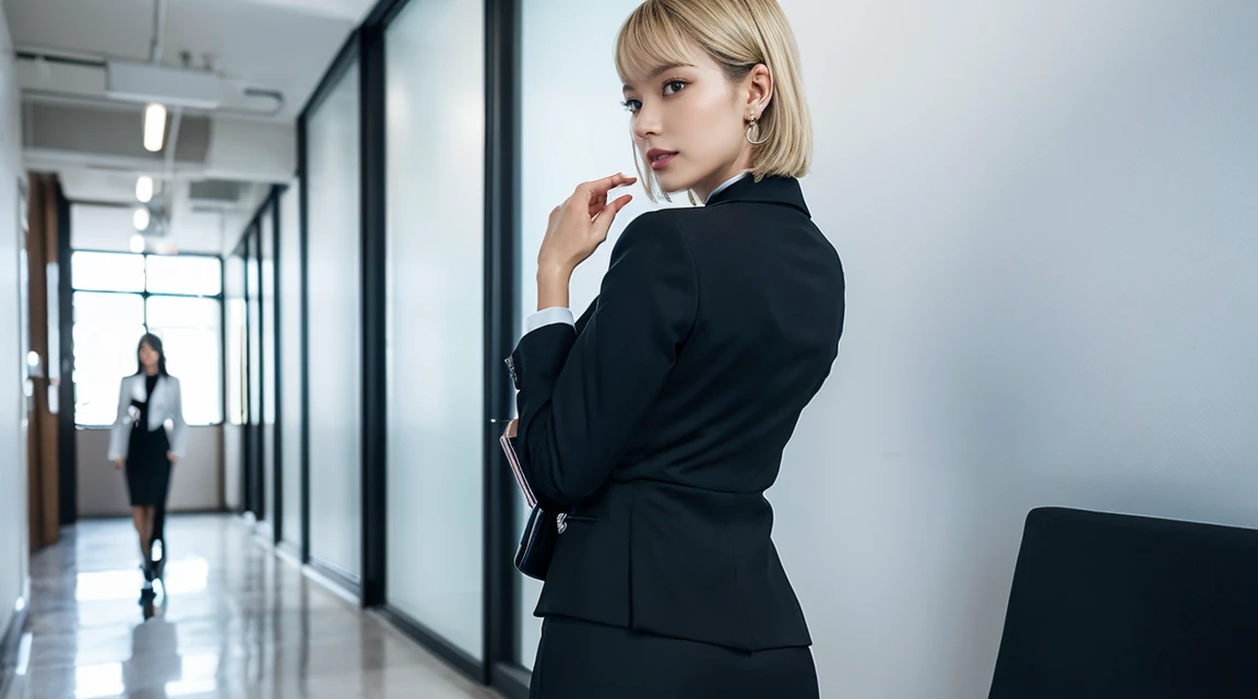 Woman walking down an office corridor, White wall, Grey table, plant, Sexy pose, Blur the background, concentrated,
(((masterpiece))), ((Highest quality)), ((Intricately detailed)), ((Surreal)), Absurd resolution, Mature Woman, Mature Woman, perspective, Very detailed, figure, One girl, ((Large Breasts)), Perfect hands, Detailed fingers, Beautiful attention to detail, short hair, Blonde, blue eyes, Name tag, chief executive officer（CEO）, (business attire:1.2), Open blazer, shirt, Tight Skirt, Black choker, Earrings, Detailed Background, Bedroom, Perfect Eyes, Seductive eyes, Looking at the audience, From the back