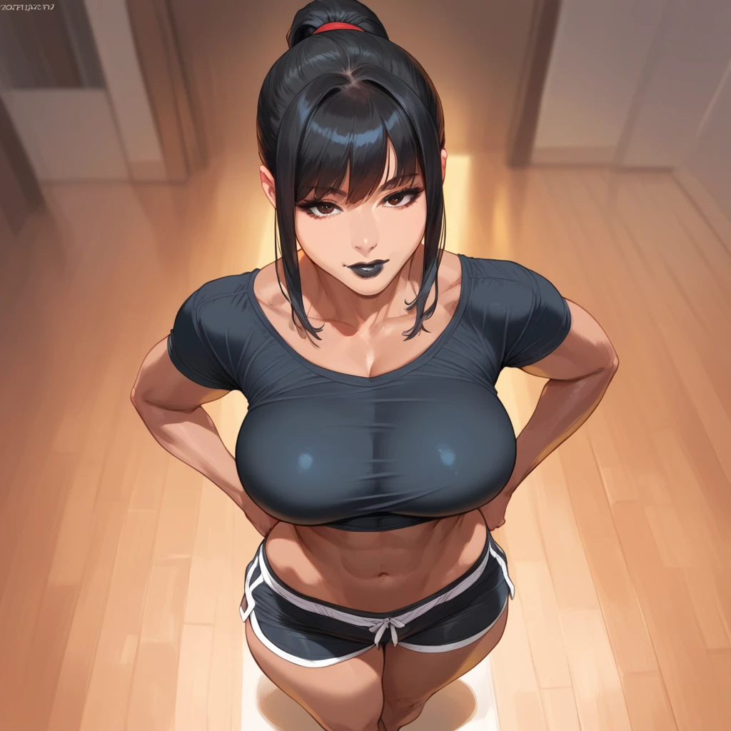 mixed_artwork style, 1 girl, standing alone, hands, beautiful woman, Asian, thick, Straight bangs, red ponytail hair, black skin, black lipstick, dark red crop top, black shorts, fitness body, realistic, textures, 8K, perfect hand, perfect anatomy, visible curves, Breasts, View from above