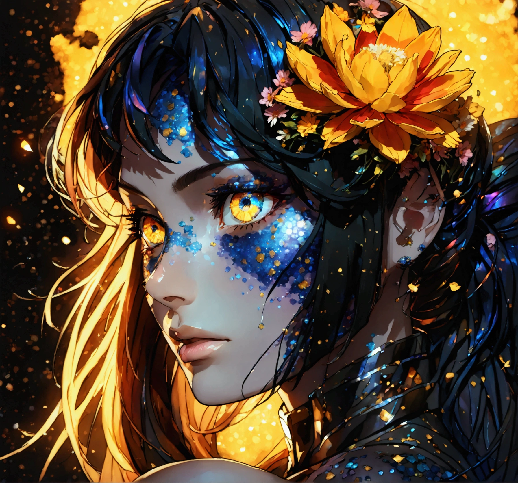 PORTRAIT, only face portrait, macro, a battle angel portrait, beautiful white skin with sparkles and glitter, long long red hair with red and yellow flowers on hair, shiny and lightening eyes, cosmos eyes, next to a black wolf, highly detailed fur (vectorized) yellow lightening eyes, detailed skin, image is compelling with dynamic composition and energetic posing. Include many fantasy details such as bumps, phantasmal iridescence, glitter, galaxy, cosmos, ((dark celestialskin body, void cosmic body)), (((dark background))), (((lights off))), (((hollywood dark))), horror, dramatic shadows, (in a dark fantasy space:1.3, glitter, sparkle, gleam) vector digital illustration, (black background:1.5)sharp
