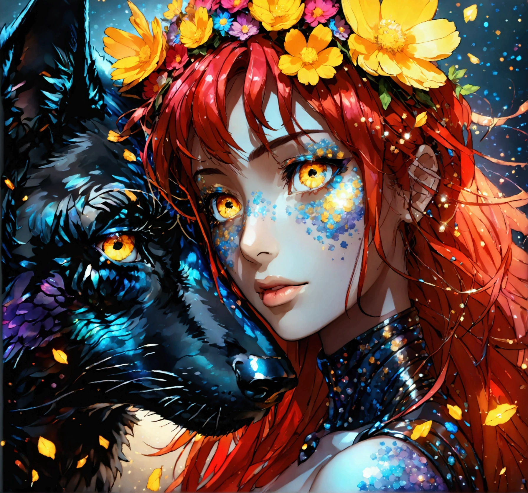 PORTRAIT, only face portrait, macro, a battle angel portrait, beautiful white skin with sparkles and glitter, long long red hair with red and yellow flowers on hair, shiny and lightening eyes, cosmos eyes, next to a black wolf, highly detailed fur (vectorized) yellow lightening eyes, detailed skin, image is compelling with dynamic composition and energetic posing. Include many fantasy details such as bumps, phantasmal iridescence, glitter, galaxy, cosmos, ((dark celestialskin body, void cosmic body)), (((dark background))), (((lights off))), (((hollywood dark))), horror, dramatic shadows, (in a dark fantasy space:1.3, glitter, sparkle, gleam) vector digital illustration, (black background:1.5)sharp
