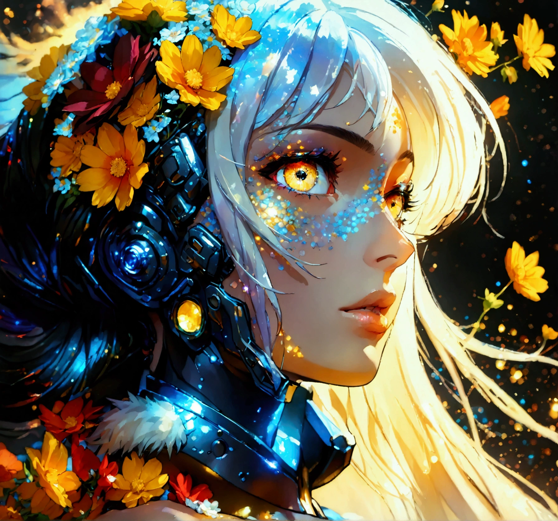 PORTRAIT, only face portrait, macro, a battle angel portrait, beautiful white skin with sparkles and glitter, long long red hair with red and yellow flowers on hair, shiny and lightening eyes, cosmos eyes, next to a black wolf, highly detailed fur (vectorized) yellow lightening eyes, detailed skin, image is compelling with dynamic composition and energetic posing. Include many fantasy details such as bumps, phantasmal iridescence, glitter, galaxy, cosmos, ((dark celestialskin body, void cosmic body)), (((dark background))), (((lights off))), (((hollywood dark))), horror, dramatic shadows, (in a dark fantasy space:1.3, glitter, sparkle, gleam) vector digital illustration, (black background:1.5)sharp