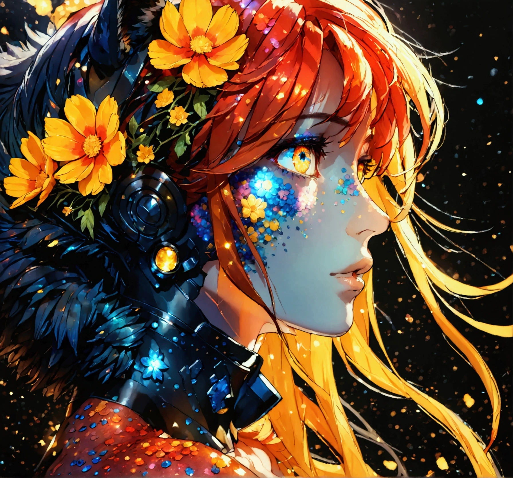 PORTRAIT, only face portrait, macro, a battle angel portrait, beautiful white skin with sparkles and glitter, long long red hair with red and yellow flowers on hair, shiny and lightening eyes, cosmos eyes, next to a black wolf, highly detailed fur (vectorized) yellow lightening eyes, detailed skin, image is compelling with dynamic composition and energetic posing. Include many fantasy details such as bumps, phantasmal iridescence, glitter, galaxy, cosmos, ((dark celestialskin body, void cosmic body)), (((dark background))), (((lights off))), (((hollywood dark))), horror, dramatic shadows, (in a dark fantasy space:1.3, glitter, sparkle, gleam) vector digital illustration, (black background:1.5)sharp