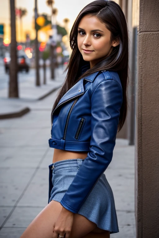 Best quality, realistic, from the front in first person, Nina Dobrev in full length, on the street of Los Angeles, (a female mexican Supermodel), (sexy blue leather jacket:1.1), split, seductive smile, (dark hair), (hairstyle:1.0), Perfect eyes, sharp parts, Detailed face, face-makeup, cheeks turn red, Eyeliner, eyeshadow, Lip gloss, Supermodel, (deep focus), (hard lighting), (night time), (realistic lighting:1.0)