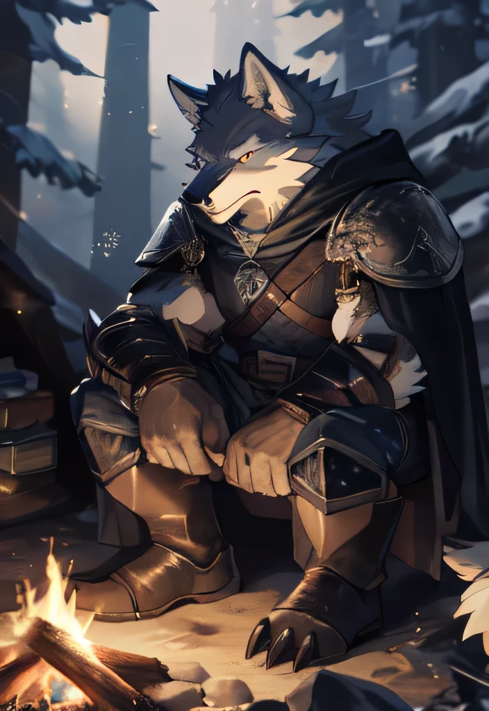 solo, kemono, (wolf), anthro, male, ((white body)), scales, tail, muscles, handsome，armor, cloak,medieval, fantasy, outdoors, outside, dark, night, forest, campfire, camp, stars, sitting, toe claws, epic, depth of field, perfect lighting, (light particles),(best quality),(masterpiece),(ultra detailed),sharp focus,light particles，yellow eyes
