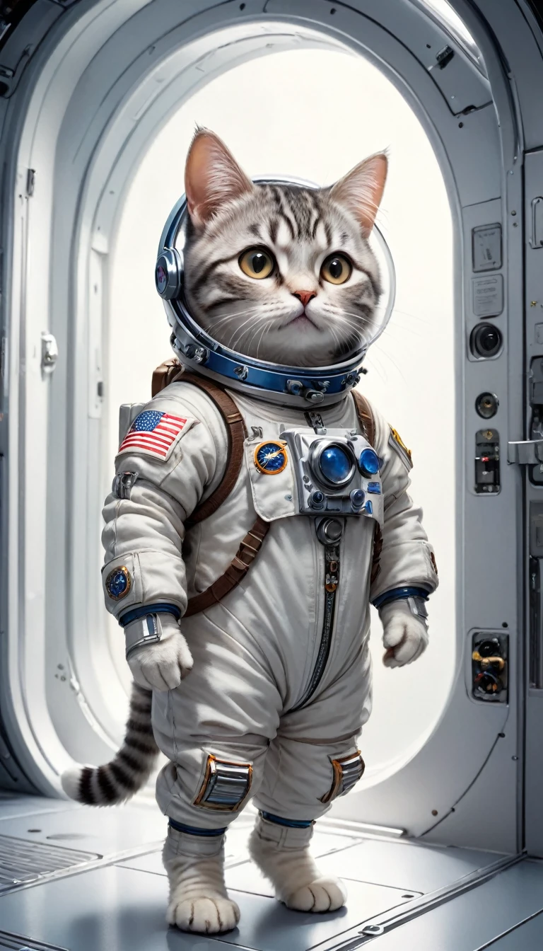  small, かわいいto be bornき物, Wearing an astronaut suit、 whole body,small , Are standing, Costume, Space Station、 Fantasy art, Exquisite detail, Jean-Baptiste Monge Style, office、Alan Lee Style, Anthropomorphic, Fat, American shorthair silver cat with big eyes, Movie Scenes, Dramatic shot angles, , Realistic, to be born々Stunning cinematic photorealism, Action Portrait, 8k, detailed, Full Frame