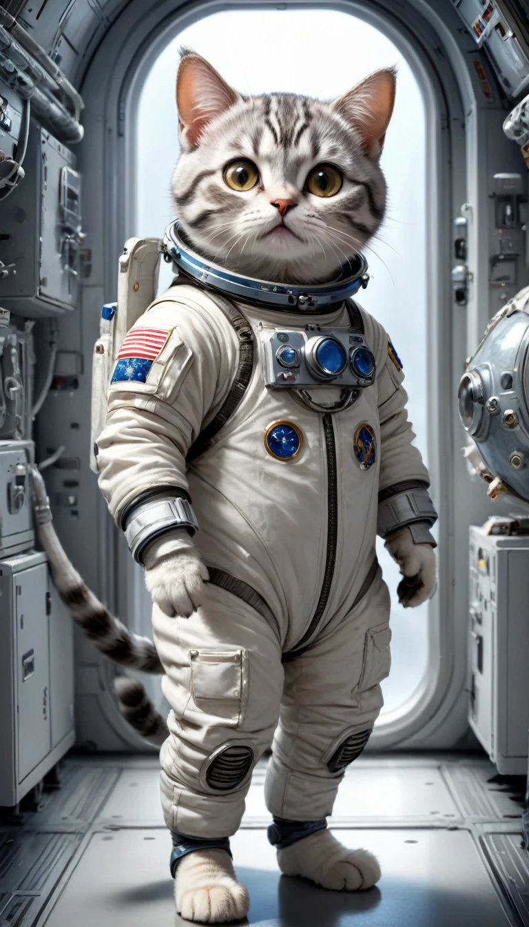  small, かわいいto be bornき物, Wearing an astronaut suit、 whole body,small , Are standing, Costume, Space Station、 Fantasy art, Exquisite detail, Jean-Baptiste Monge Style, office、Alan Lee Style, Anthropomorphic, Fat, American shorthair silver cat with big eyes, Movie Scenes, Dramatic shot angles, , Realistic, to be born々Stunning cinematic photorealism, Action Portrait, 8k, detailed, Full Frame