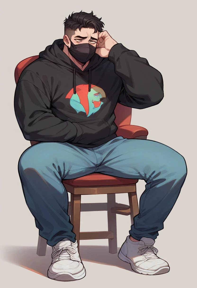 A guy wear black hoodie black joggers white shoes black mouth mask on his face mountains with littlebite snow suneast he is sitting on chair fire sky is very beautiful in suneast that guy is sad