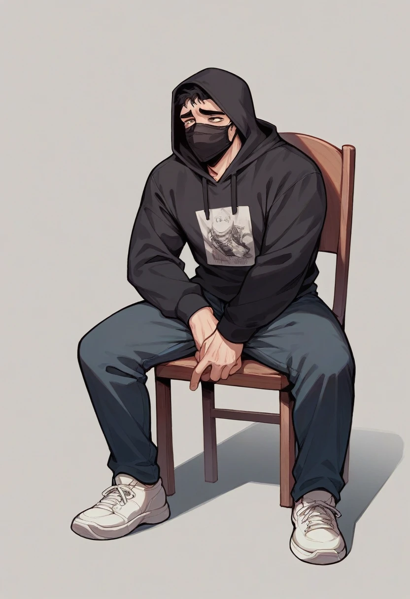 A guy wear black hoodie black joggers white shoes black mouth mask on his face mountains with littlebite snow suneast he is sitting on chair fire sky is very beautiful in suneast that guy is sad
