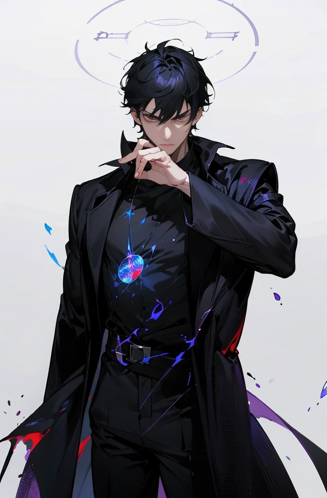 handsome, solo, 1 male, short hair, black hair, sharp eyes, red eyes, lighting, fantasy, black shirt, arrogant look, condescending expression , magic ring, magic circle in hand, blue particles smoldering at the tips of the fingers, red light, black particles, dark-purple flames, destruction, chaos, universe, galaxy.