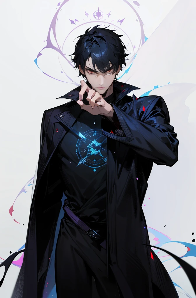 handsome, solo, 1 male, short hair, black hair, sharp eyes, red eyes, lighting, fantasy, black shirt, arrogant look, condescending expression , magic ring, magic circle in hand, blue particles smoldering at the tips of the fingers, red light, black particles, dark-purple flames, destruction, chaos, universe, galaxy.