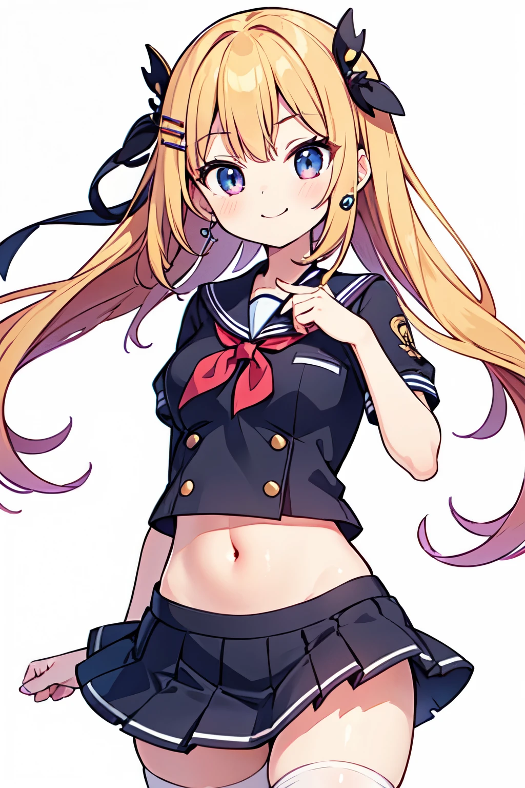 (masterpiece, best quality, high resolution), high contrastion, high saturation, 2D anime style, vivid color, 1 girl, solo, smirk, gyaru, hair ornament, earrings, short school uniform, bare navel, micro skirt, fleshy legs, stockings, porcelain skin, standing, cowboy shot, no background, white background