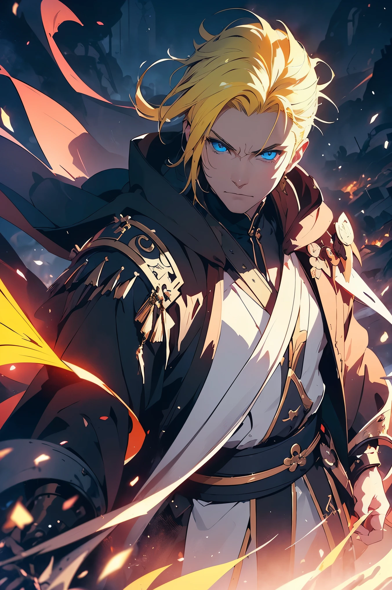 (Onmyoji theme)), (in 8K、top-quality、​masterpiece:1.2)、Vampire、Cyberpunk men、fantasy worlds、dark backgrounds、Clean design、Magnificent Instagram、art stations、Colorful paint splatter、silhuette、Ultra-detailed intricate details、unrealengine、Fantasia、intricate detailes、Splash Screen、Complementary color scheme、Fantasy concept art、an oil painting、heavy strokes、Paint dripping、(isolated on white:1.3)、Rainbow skin、(((Handsome young man)))、(glowingblueeyes)、 ((Bright eye)), (( Spiky Hair, Yellow hair:1.1))), ((Black Millitary Coat)), (prinz\\(indifferent look\\),(Wearing a luxurious black robe with high detail))), Yellow-haired, Frost Rune magic, ((Wizard)).
