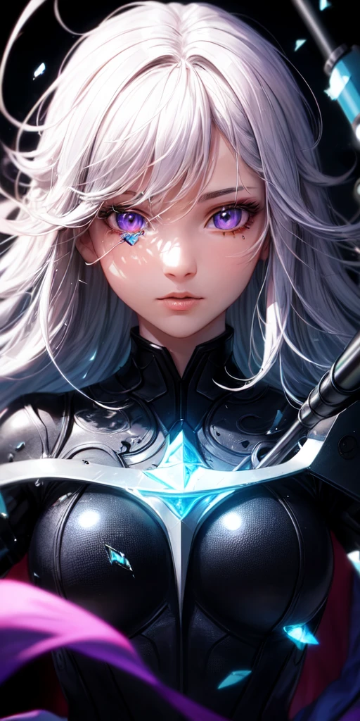 (masterpiece, best quality, ultra-detailed, best shadow), (detailed background,dark fantasy), (beautiful detailed face), high contrast, (best illumination, an extremely delicate and beautiful), ((cinematic light)), colorful, hyper detail, dramatic light, intricate details, (1girl, solo,white hair, sharp face,purple eyes, hair between eyes,dynamic angle), blood splatter, swirling black light around the character, depth of field,black light particles,(broken glass), (A magic sniper:1.4)