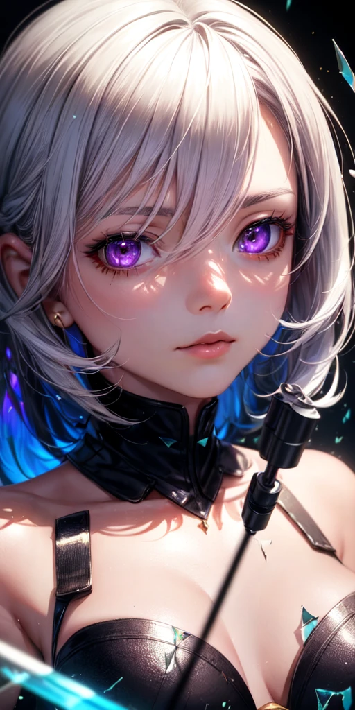 (masterpiece, best quality, ultra-detailed, best shadow), (detailed background,dark fantasy), (beautiful detailed face), high contrast, (best illumination, an extremely delicate and beautiful), ((cinematic light)), colorful, hyper detail, dramatic light, intricate details, (1girl, solo,white hair, sharp face,purple eyes, hair between eyes,dynamic angle), blood splatter, swirling black light around the character, depth of field,black light particles,(broken glass), (A magic sniper:1.4)