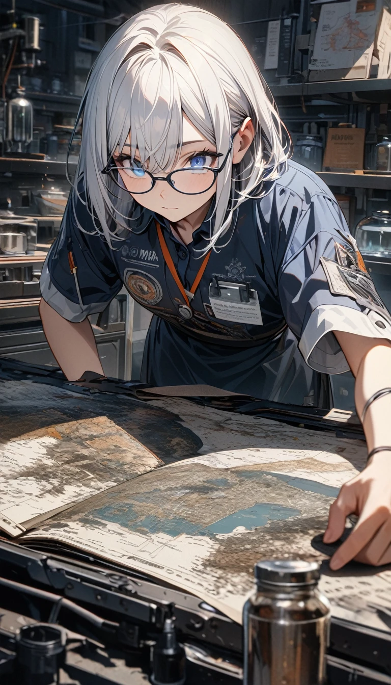 , long white hair, blue eyes, glasses, dark blue dress, scientist, short sleeves, general, Masterpiece, best quality, Full HD, 8k, ultra details, great graphic
