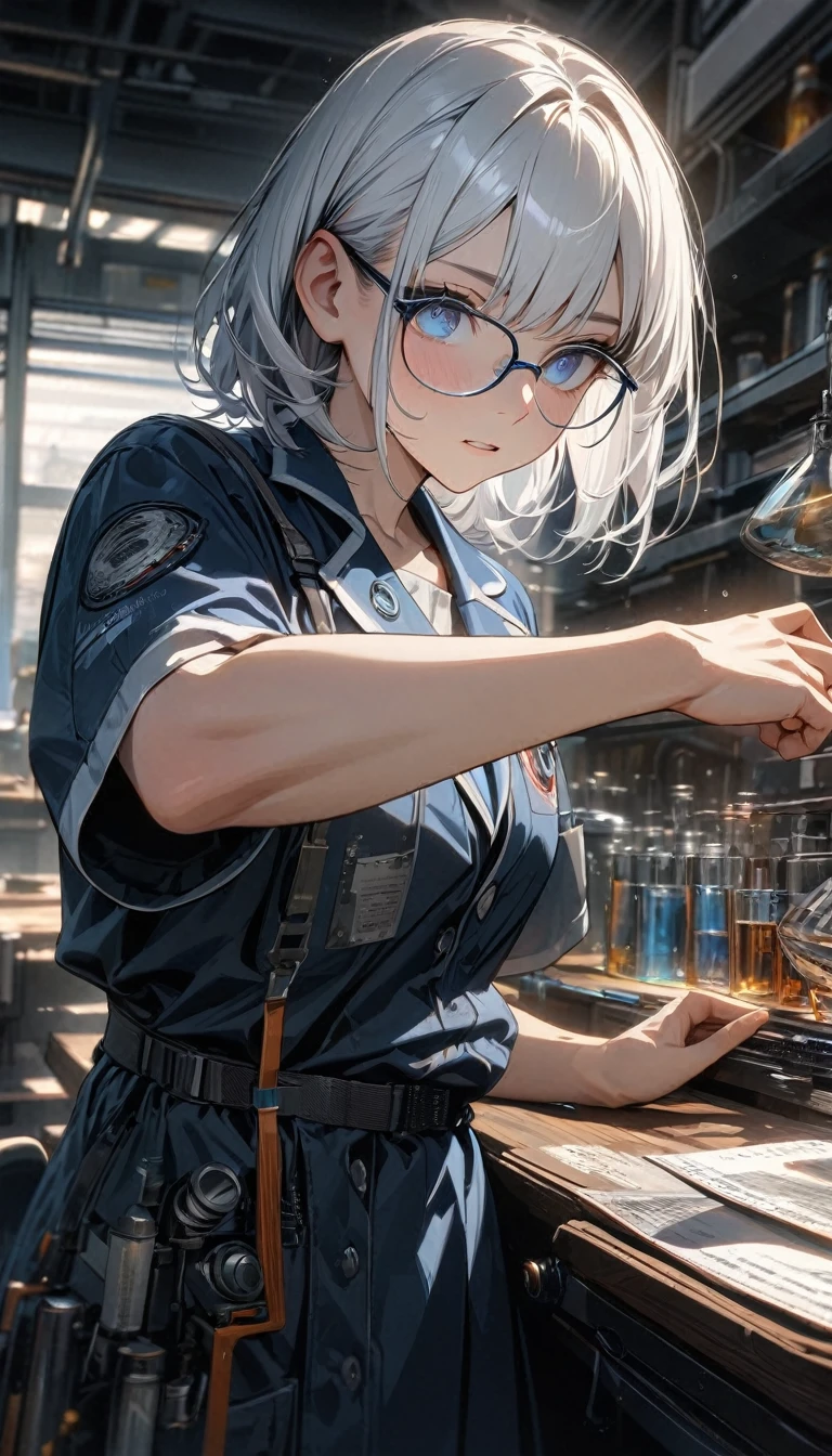 , long white hair, blue eyes, glasses, dark blue dress, scientist, short sleeves, general, Masterpiece, best quality, Full HD, 8k, ultra details, great graphic