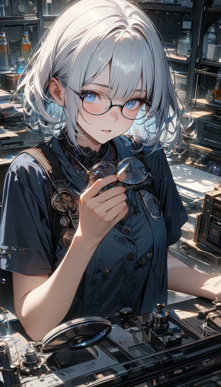 , long white hair, blue eyes, glasses, dark blue dress, scientist, short sleeves, general, Masterpiece, best quality, Full HD, 8k, ultra details, great graphic