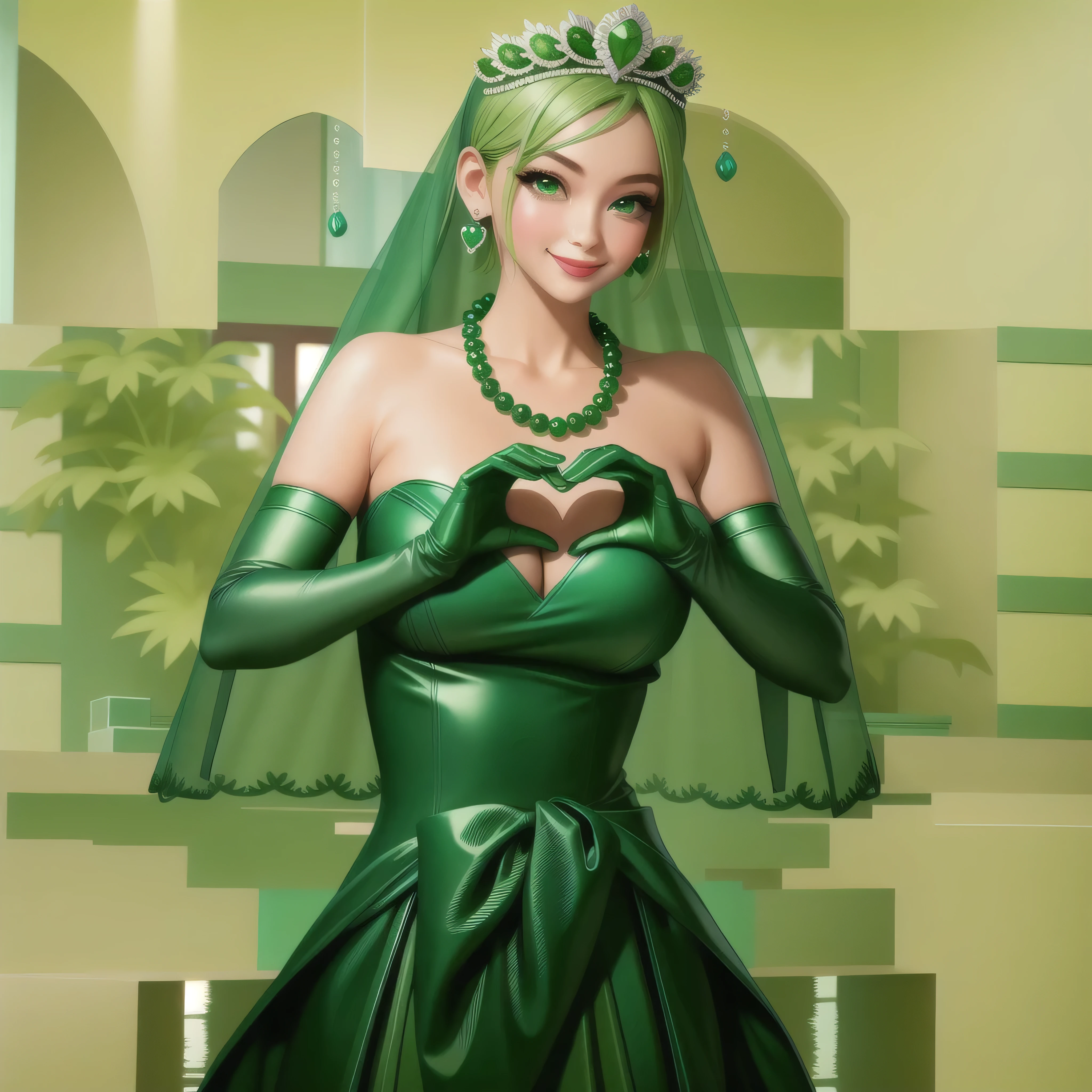 emerald tiara, Green Pearl Necklace, Boyish very short green hair, Green Lips, Smiling Japanese woman, Very short hair, Busty beautiful lady, Green Eyes, Green satin long gloves, Green Eyes, Emerald Earrings, Green veil, Heart with both hands, Green Hair, Beautiful Japanese Woman, Heart shaped hands:1.3, green lip gloss