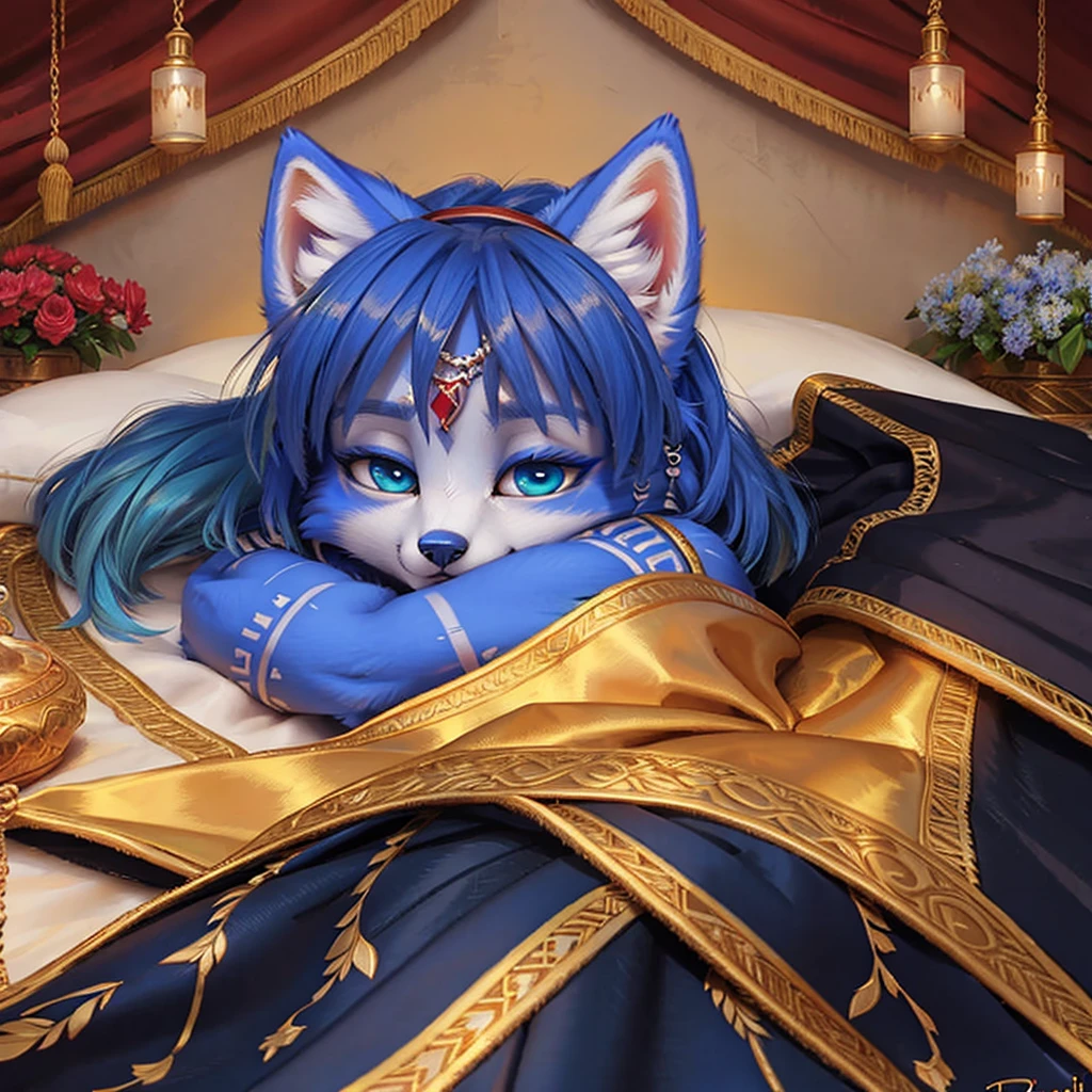 A beautiful and detailed (sweet picture) of ((Krystal)), Star Fox Krystal, green eyes, medium breasts, (((Long blue hair 1.3))), anthro, furry, (of Fluff-Kevlar, Bayard Wu, Personalami, Pino Daeni), detailed fluffy fur, detailed face, (fluffy), 1 girl, alone, lies on a blanket, looks at the viewer, Viewer is above her, sleeps curled up, cuddles with her tail