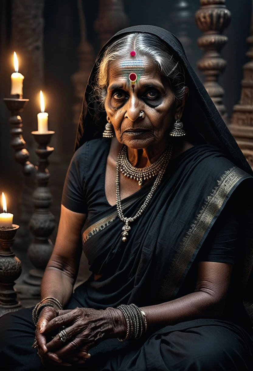 A terrifying old Indian woman tantrik priest, piercing dark eyes, holding ominous black magic instruments, wearing a black saree, sitting and performing dark rituals, haunting atmosphere, chiaroscuro lighting, dark and moody colors, gothic horror, intricate details, cinematic composition, dramatic shadows, (best quality,4k,8k,highres,masterpiece:1.2),ultra-detailed,(realistic,photorealistic,photo-realistic:1.37)