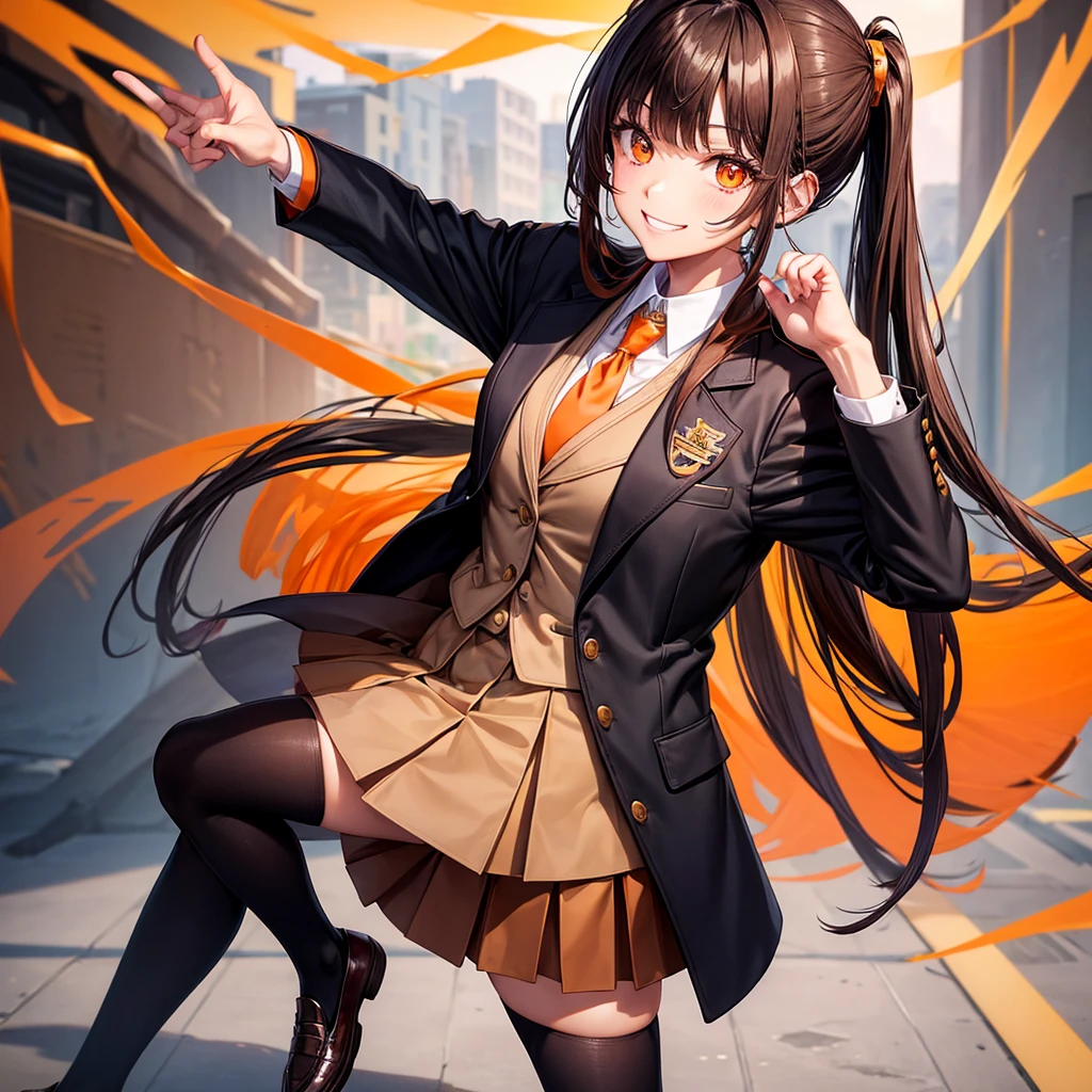 blazer with goldlines, Hairstyle with high ponytai, schooluniform, darkbrownloafers, beautiful woman, fullbody, brown plide miniskirt, almondeye, smile, blacksocks, brown jacket, orange ribbontie, orange eye, blackhaircolor