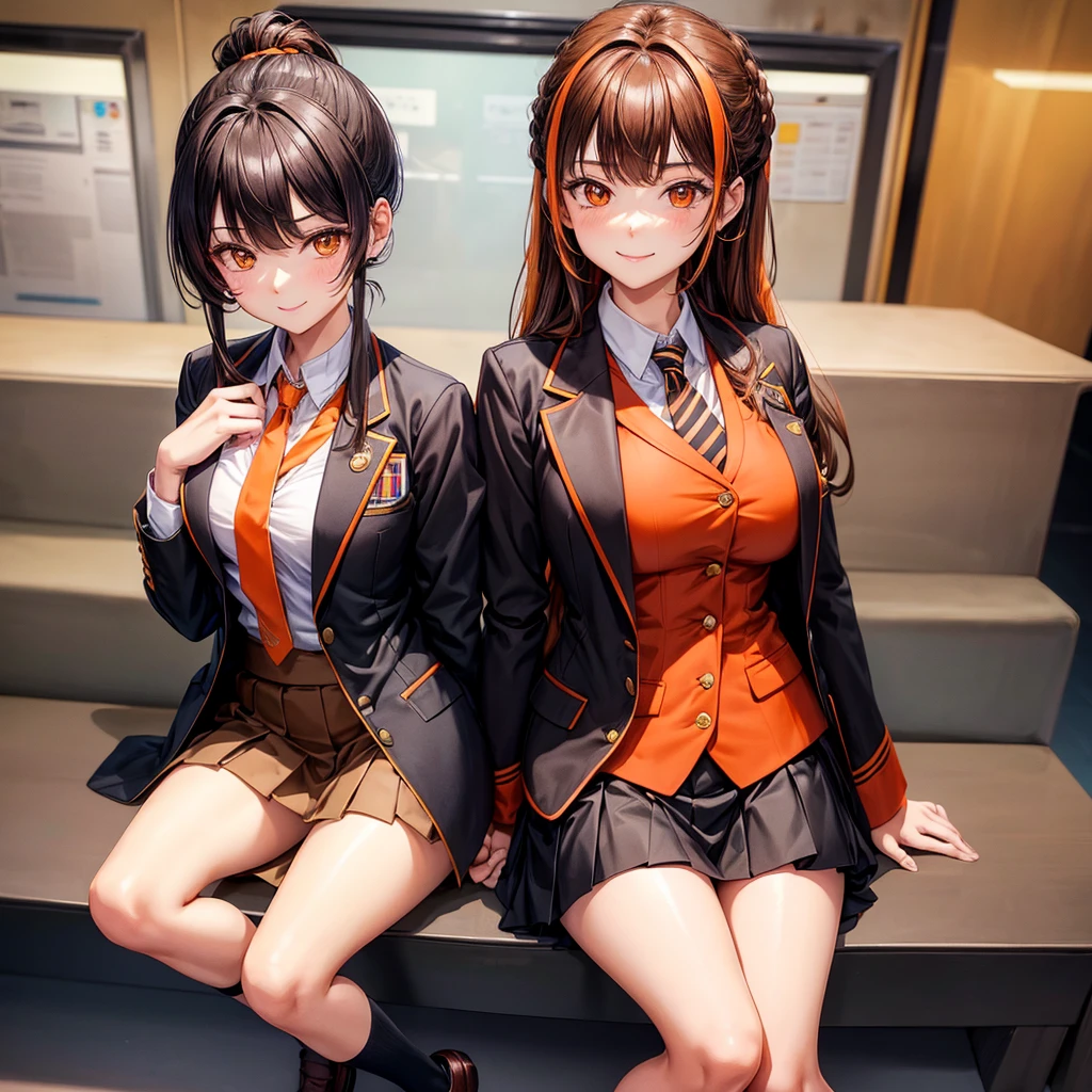 blazer with goldlines, Hairstyle with high ponytai, schooluniform, darkbrownloafers, beautiful woman, fullbody, brown plide miniskirt, almondeye, smile, blacksocks, brown jacket, orange ribbontie, orange eye, blackhaircolor