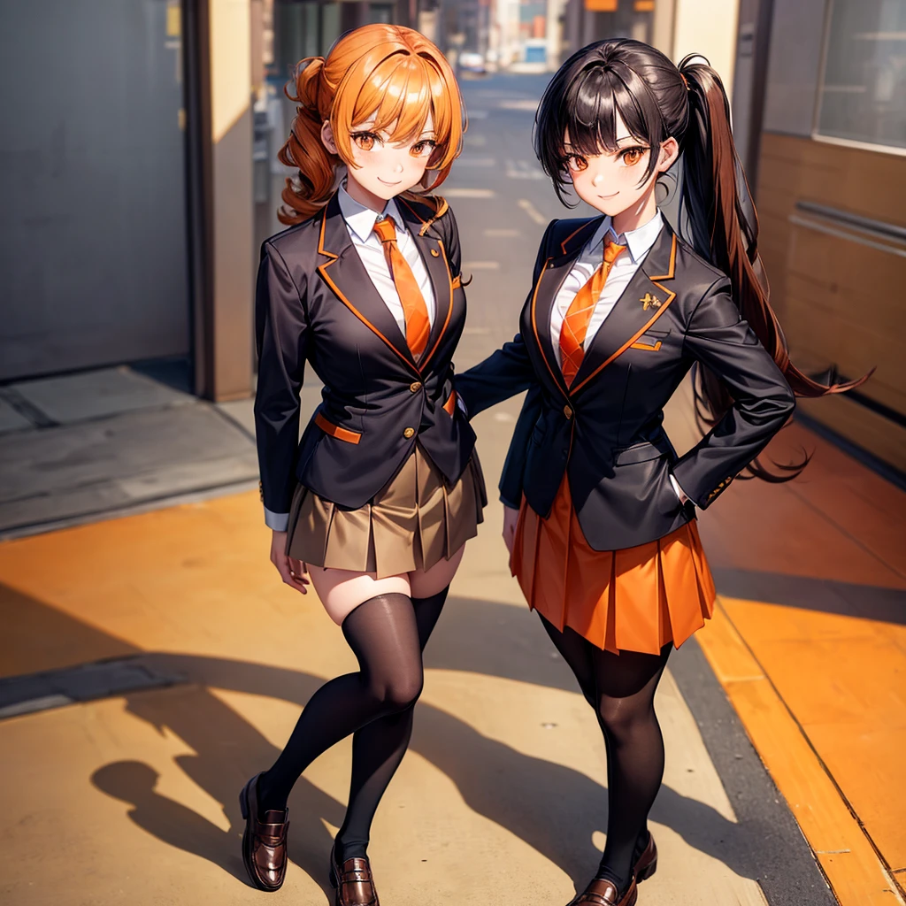 blazer with goldlines, Hairstyle with high ponytai, schooluniform, darkbrownloafers, beautiful woman, fullbody, brown plide miniskirt, almondeye, smile, blacksocks, brown jacket, orange ribbontie, orange eye, blackhaircolor