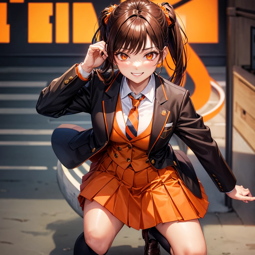 blazer with goldlines, Hairstyle with high ponytai, schooluniform, darkbrownloafers, beautiful woman, fullbody, brown plide miniskirt, almondeye, smile, blacksocks, brown jacket, orange ribbontie, orange eye, blackhaircolor