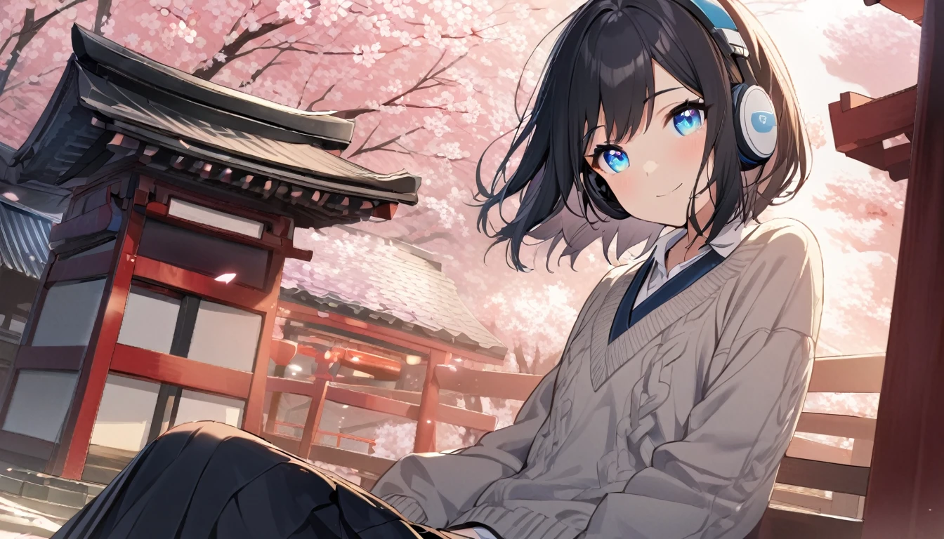 1girl, solo, gentle smile on her face flat chest, short hair, black hair, blue eyes, (detailed eyes), wearing a sweater, black skirt, medium hair, headphone, because, teen, Japanese high school girl. She is sitting at the shrine,cherry blossoms,Cherry blossoms