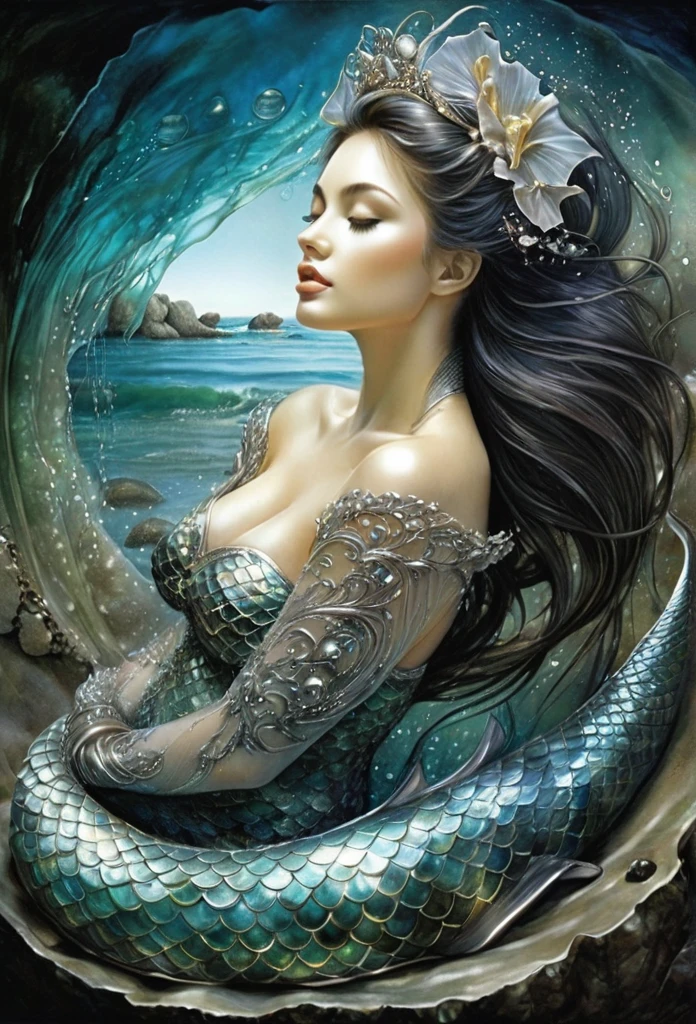 Mermaid baby(black baby)(mermaid beautiful tail)Ôáh! I'm in paradise... gracefully sleeping, inside a shell,beach covered with magnificent gem stones,double exposure long,with you.A masterpiece oíl painting by luis Royo, drawn pencil art, ultra detailed, bacground vintage, perfect hands, filigree, glowing, shadowy, ultra quality, 3d, spoked hairstyle