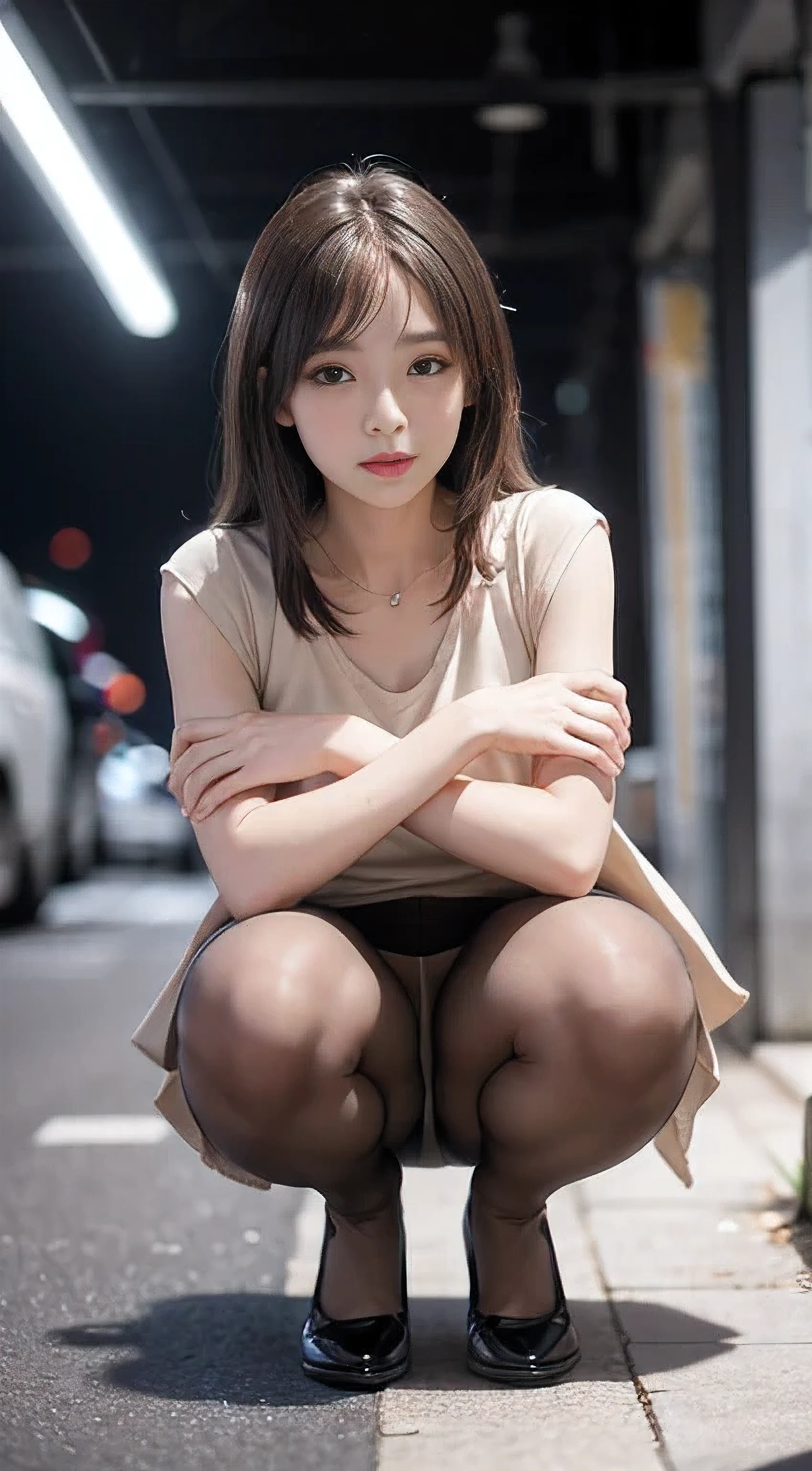 最high quality, 1 Female, alone, 24-years-old, 7 heads, ((Light beige pantyhose:1.3)), (Cute Face), (Ideal body proportions), convenience store, , (((squat,Leg spread))), ((Ultra mini skirt)), (Panty Focus), Wet, Clothes are see-through, A cheerful smile, length , White skin, , Slender, Black Hair, Long Hair, Beautiful feet, Small Ass, Thin legs, Surrealism, Cinema Lighting, Depth of written boundary, First Person View, debt/1.8, 135mm, んdebtdebt, Tabletop, Accurate, Anatomically correct, Textured skin, Super detailed, Attention to detail, high quality, Awards, 最high quality, High resolution, 8k