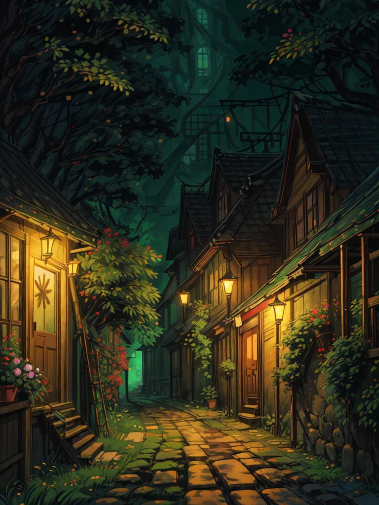 super wide perspective, string lights, hanging pots, ghibli anime scene, coffee shop in the woods, moody weather, leaves falling from tree, light bubble around street light, under a big banyan tree, street light, poles and wires, tropical leafy plant pots, menu board, sign board, long grass with wild flowers, in the middle of nowhere, vibrant color tones, ghibli style, no humans, scenery, masterpiece, high resolution