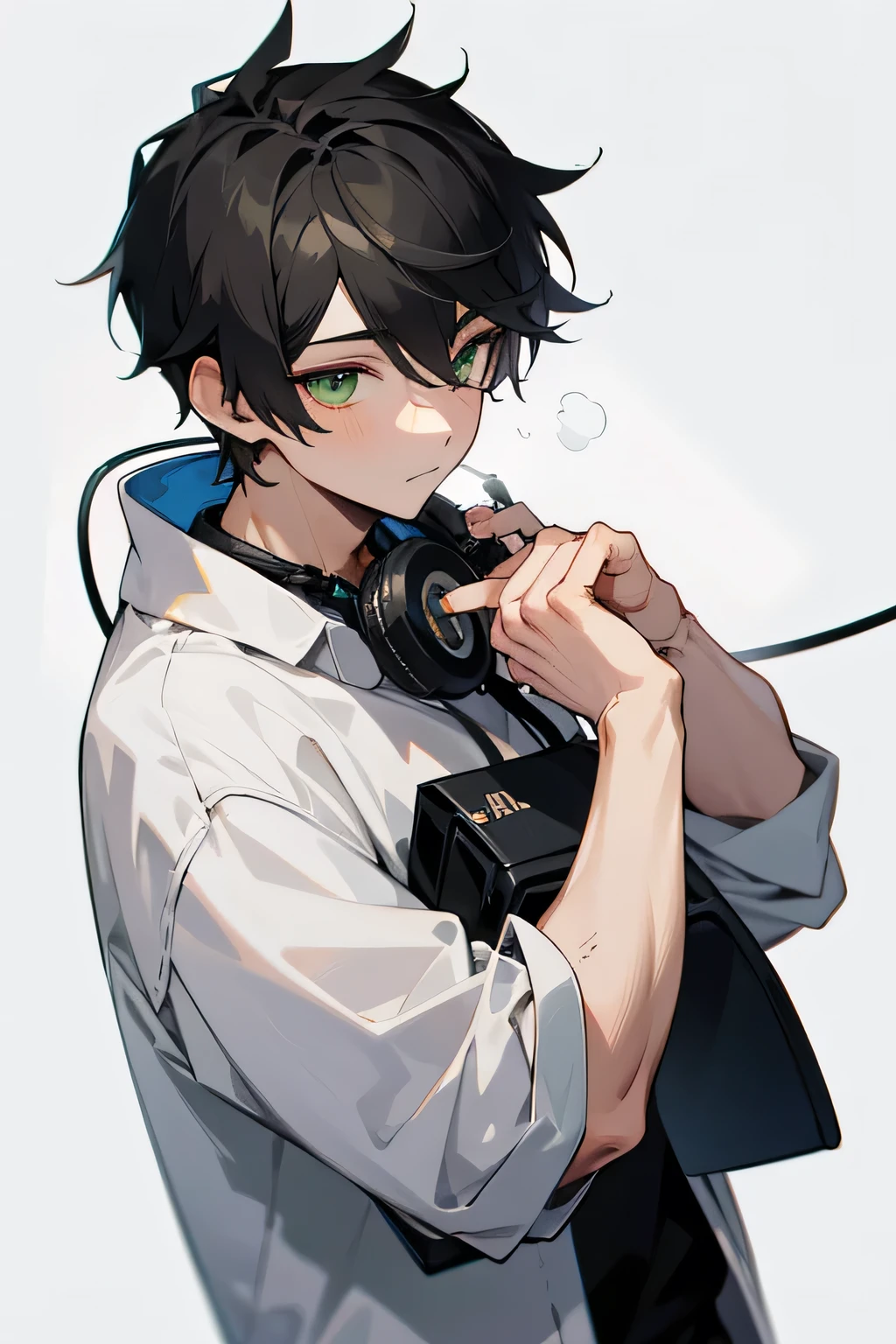 1 boy, black sweatshirt, white printed shirt, greeneyes, wearing headphone