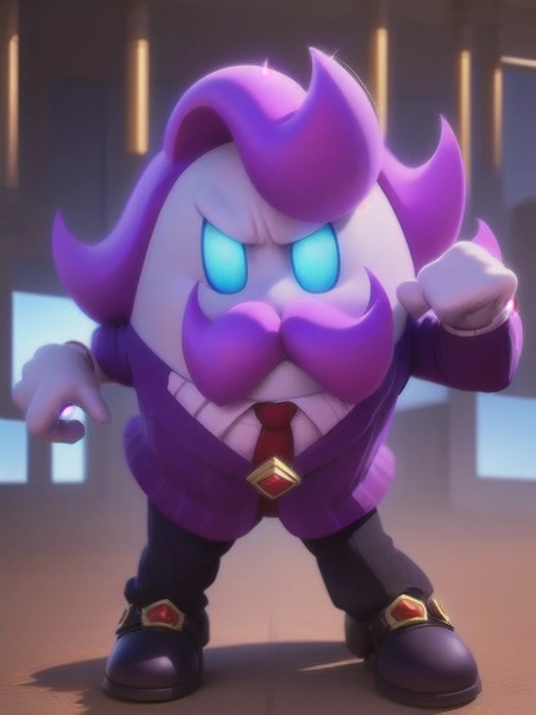  haltmann, purple hair, purple mustache, arms, wearing a dark blue suit with pink vertical lining, pink shirt, red tie, black shoes, gold suit button with a red diamond, pale purple gloves, pink cuffs, pale purple skin, blue eyes, golden earpiece with antenna