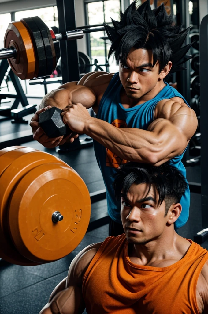 "Create an image of Goku from Dragon Ball Z at a gym, struggling to lift a dumbbell with a pained expression on his face. Add a pop-up message bubble beside Goku with the following bold text: 'Gym has completely changed my mind. At first I thought I was ugly. But now I realize I am weak too.'"