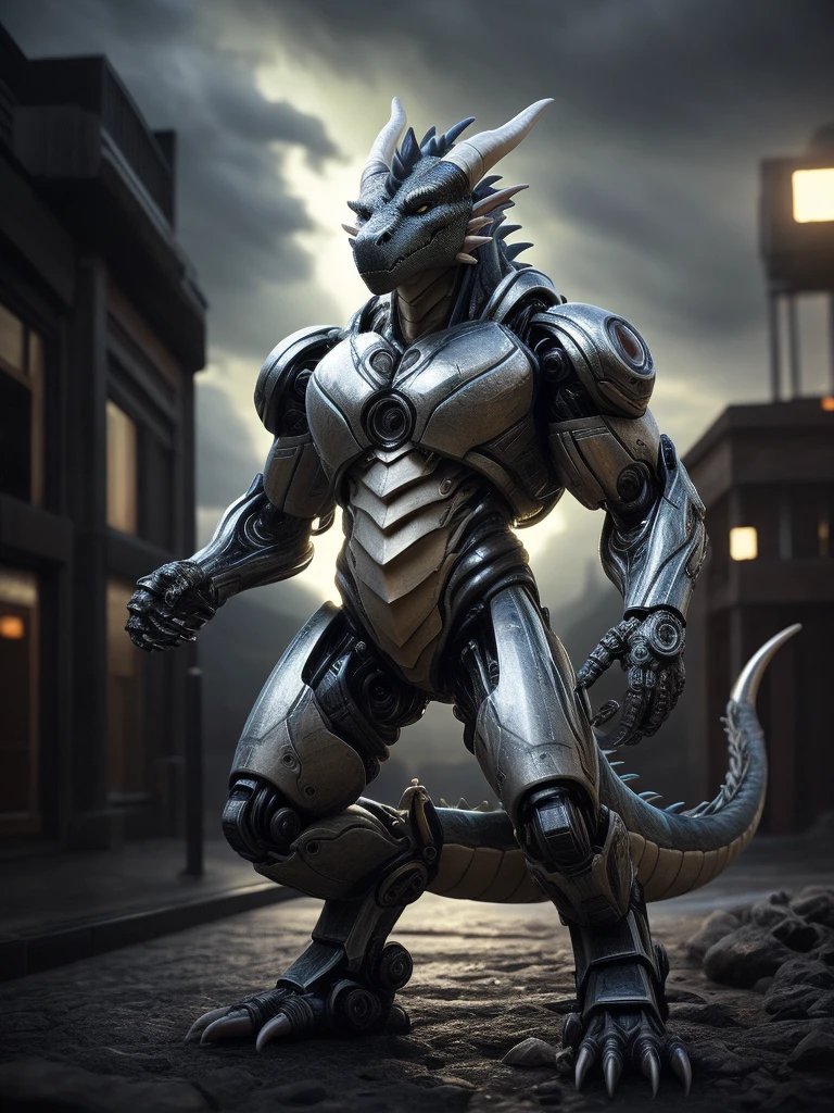 An advanced bionic mech, cybrog, anthro, (dragon), cyborg, male, white body, silver torse, shiny, [full body], Muscle, detailed face, detailed eyes, (1 tail), (glowing LED:1.1), energy, digitigrade, outdoors, extremely detailed CG unity 8k wallpaper, realistic, masterpiece, highest quality, lens flare, unreal engine, trending on ArtStation, Intricate, High Detail, dramatic, realism, beautiful and detailed lighting, shadows, thunder, (photorealism, photo, real, realism), photorealistic, scifi, (a sniper:1.4)