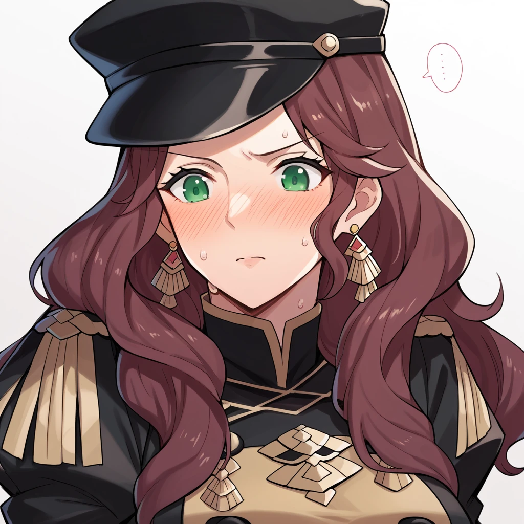 score_9, score_8_up, score_7_up, source_anime, Dorothea (Fire Emblem), bust shot, close-up, black headwear, (black long-sleeve uniform), brown hair, dangle earrings, gold trim, green eyes, jewelry, large breasts, long hair, black peaked cap, black hat, look down, aroused facial expression, blush, sweat