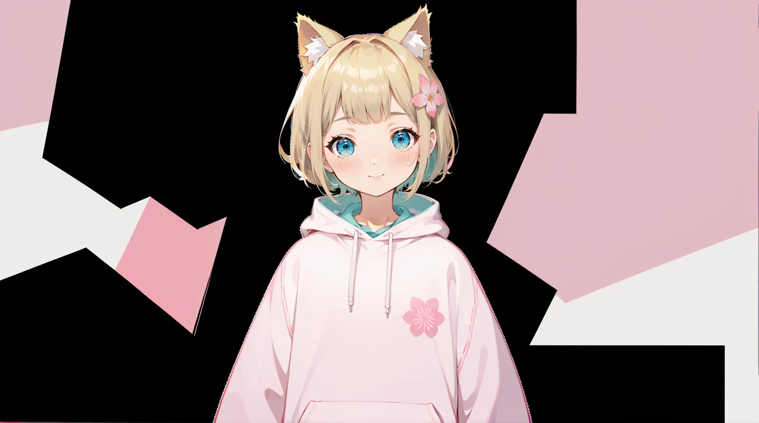 Blonde Hair、Pink hoodie、大きなFlower Hair Ornaments、An unprecedented number of draws、Flower Hair Ornaments、Floral Hair Accessories、Blonde、Cat ear、Pink hoodie、high quality、Colorful color palette、high resolution、pretty girl、 Pink hoodie、An unprecedented number of draws、Anime Style、Geometric background、Sticker Style、short hair、Blonde、Turquoise Eyes, Messy Hair, Pink hoodie、髪と同じ色のCat ear、front, Hands posing, Until death, Bondage, Baggy clothes